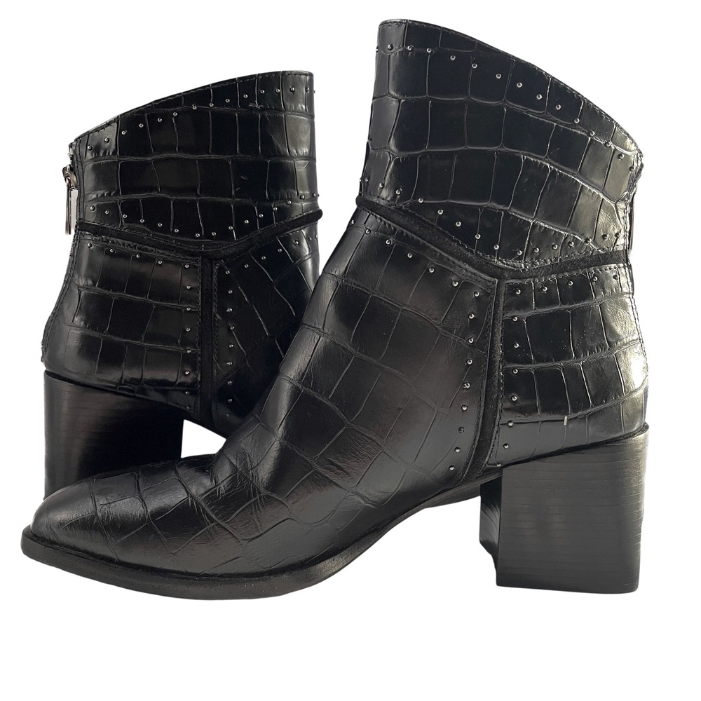 Donald Pliner Gemini Crocodile Studded Boot Black Block Heel Ankle Sz 8.5